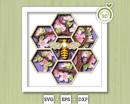 Bee with Cherry Blossom Hexagon - 3D Shadow Box Layered SVG DXF EPS (Cutting Files)