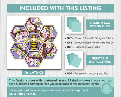 Bee with Cherry Blossom Hexagon - 3D Shadow Box Layered SVG DXF EPS (Cutting Files)