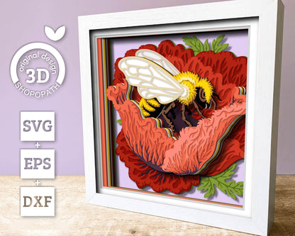Bee in Poppy Flower - 3D Shadow Box Layered SVG DXF EPS (Cutting Files)
