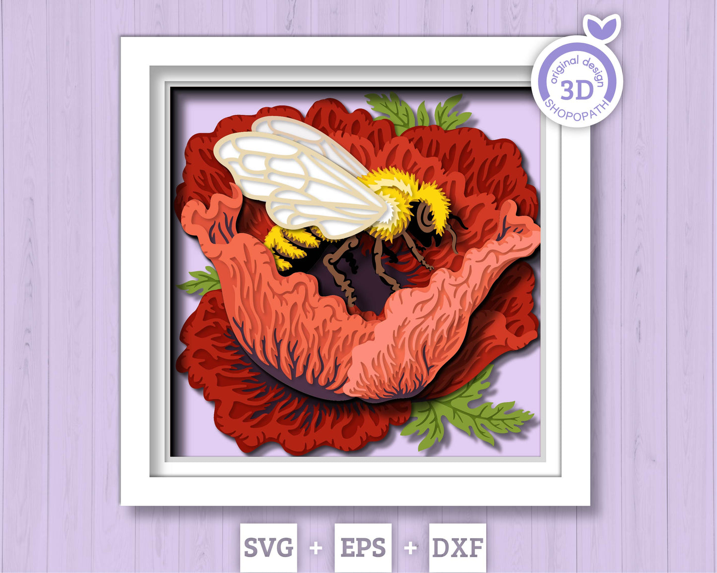 Bee in Poppy Flower - 3D Shadow Box Layered SVG DXF EPS (Cutting Files)