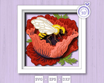 Bee in Poppy Flower - 3D Shadow Box Layered SVG DXF EPS (Cutting Files)