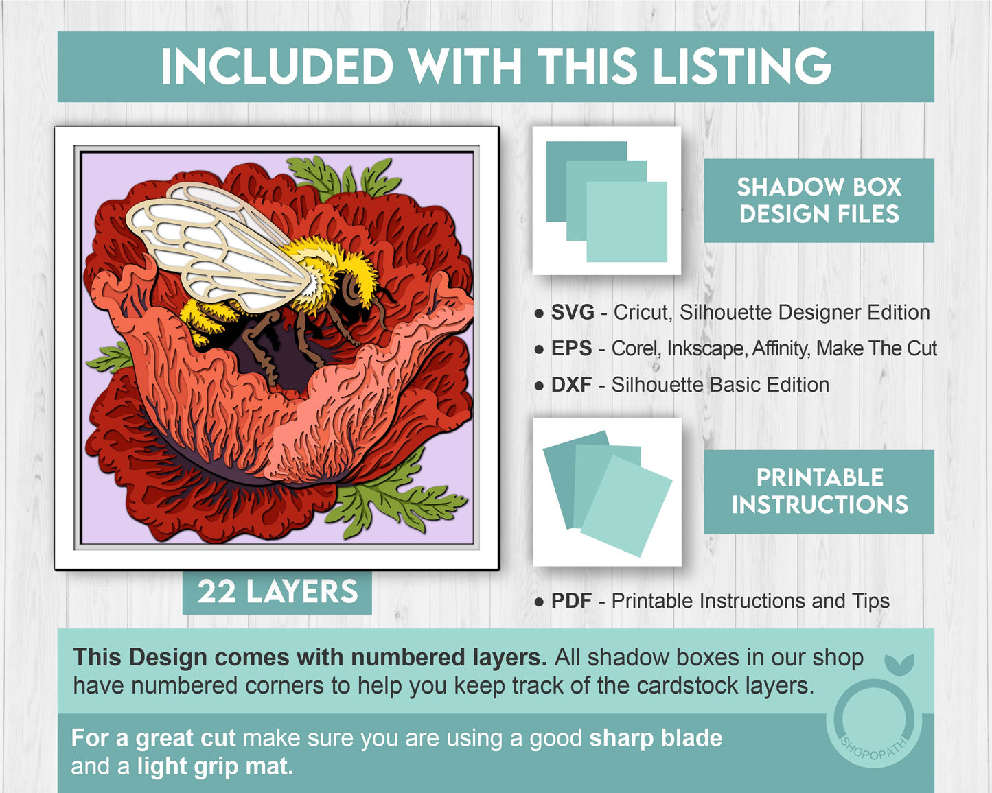 Bee in Poppy Flower - 3D Shadow Box Layered SVG DXF EPS (Cutting Files)