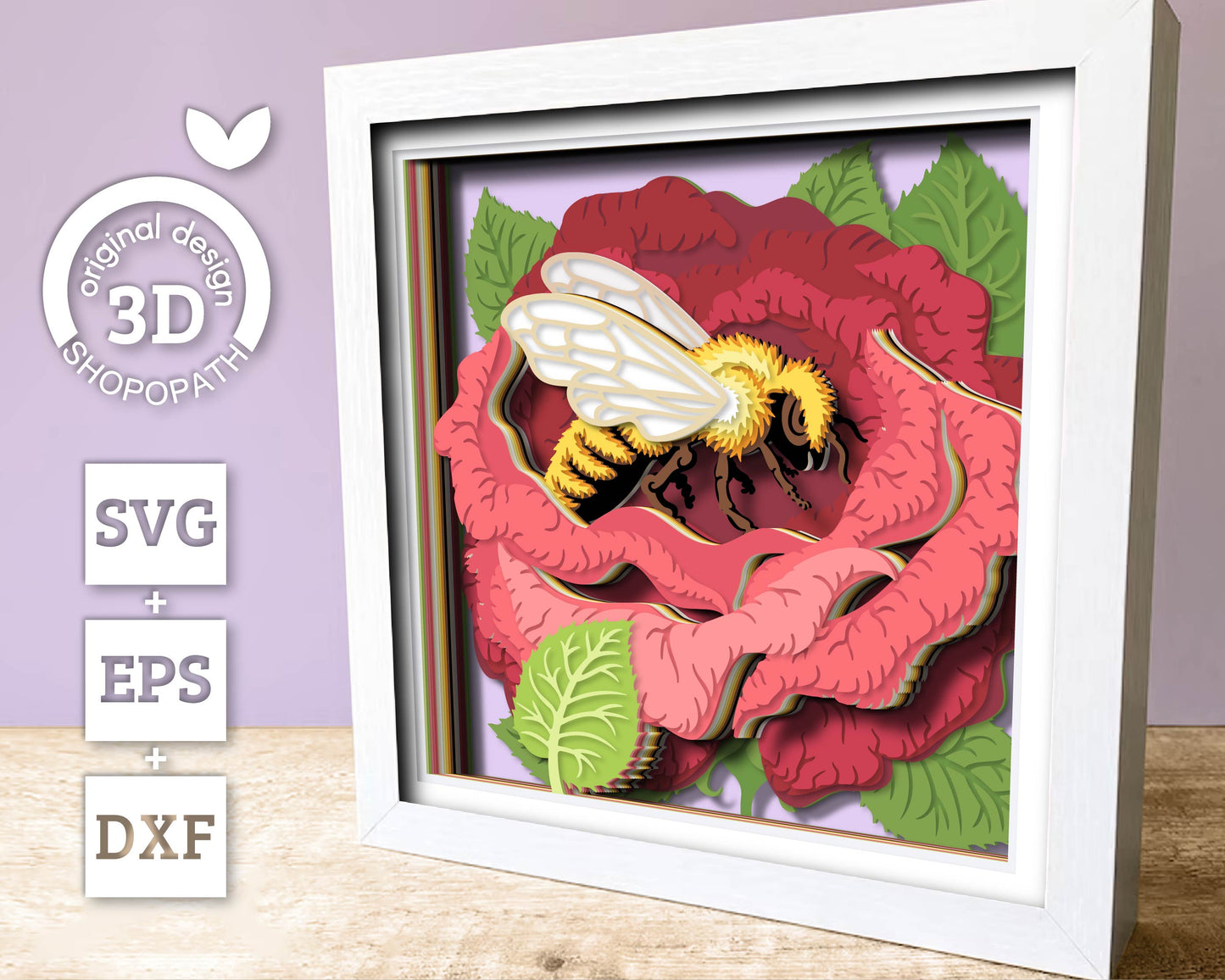 Bee in Rose Flower - 3D Shadow Box Layered SVG DXF EPS (Cutting Files)