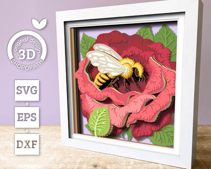 Bee in Rose Flower - 3D Shadow Box Layered SVG DXF EPS (Cutting Files)