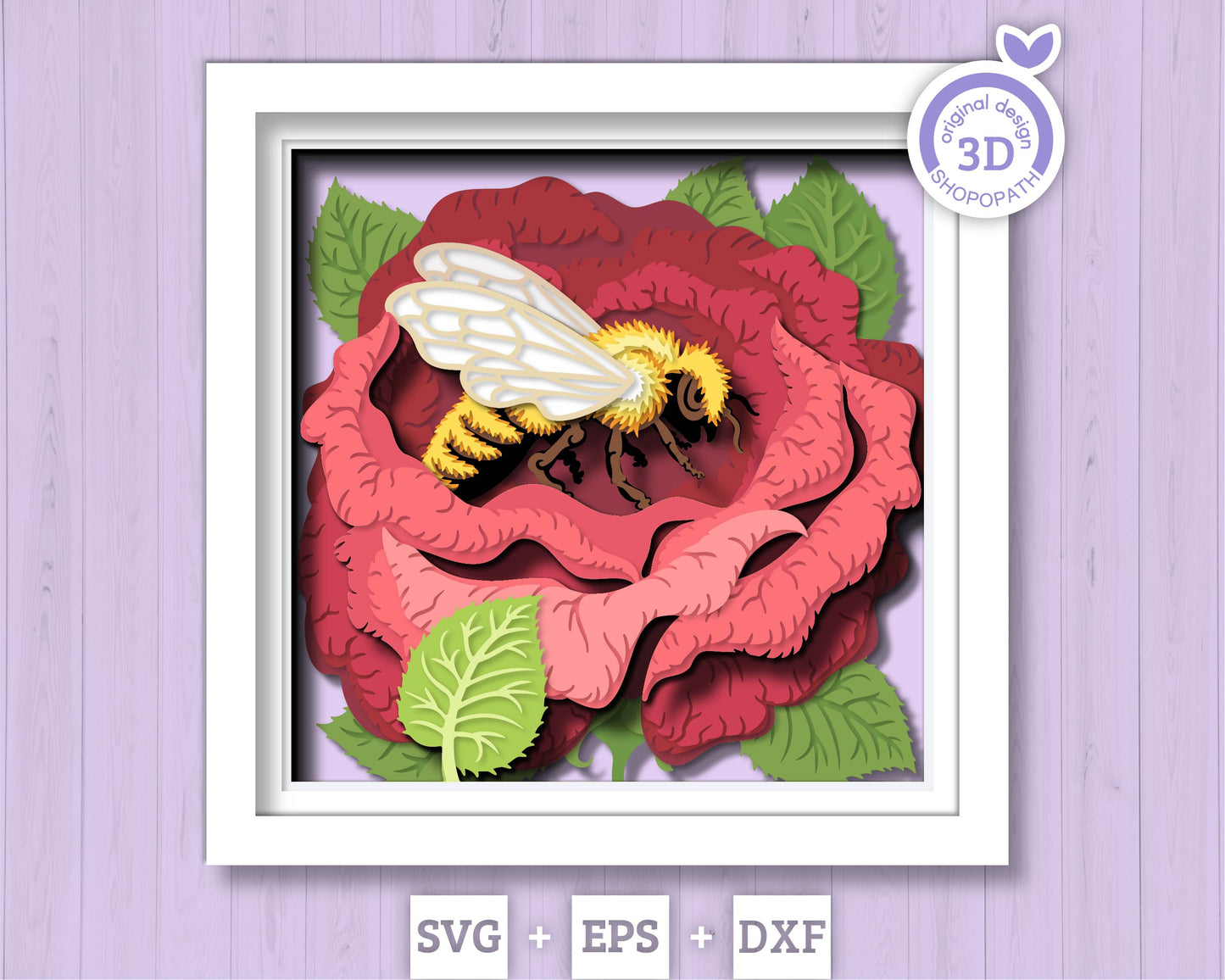 Bee in Rose Flower - 3D Shadow Box Layered SVG DXF EPS (Cutting Files)