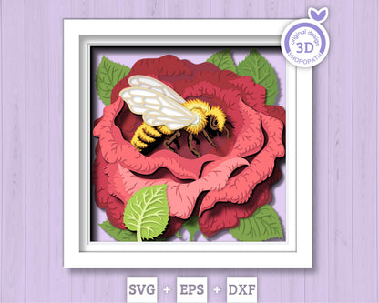 Bee in Rose Flower - 3D Shadow Box Layered SVG DXF EPS (Cutting Files)