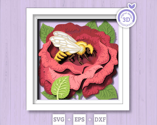 Bee in Rose Flower - 3D Shadow Box Layered SVG DXF EPS (Cutting Files)