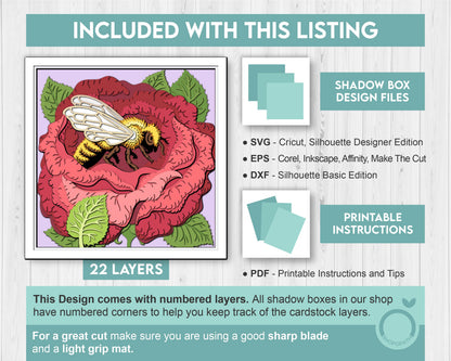 Bee in Rose Flower - 3D Shadow Box Layered SVG DXF EPS (Cutting Files)
