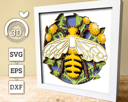 3D Bee Shadow Box SVG Layered Dandelions SVG, Spring Shadow Box, Honey Bee 3D Svg, Honey Comb 3d Svg, Flowers Papercut svg Cricut Silhouette