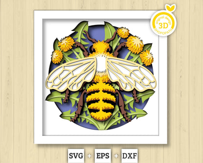 3D Bee Shadow Box SVG Layered Dandelions SVG, Spring Shadow Box, Honey Bee 3D Svg, Honey Comb 3d Svg, Flowers Papercut svg Cricut Silhouette
