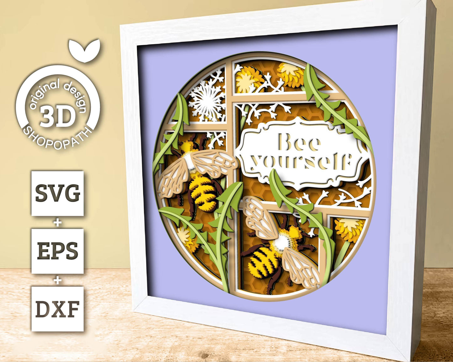 Bees and Dandelions with Label - 3D Shadow Box Layered SVG DXF EPS (Cutting Files)