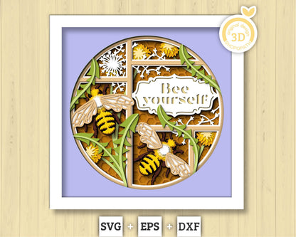 Bees and Dandelions with Label - 3D Shadow Box Layered SVG DXF EPS (Cutting Files)