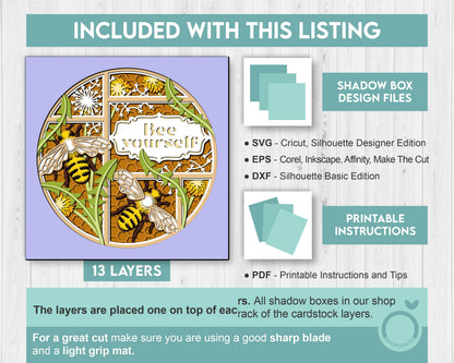 Bees and Dandelions with Label - 3D Shadow Box Layered SVG DXF EPS (Cutting Files)