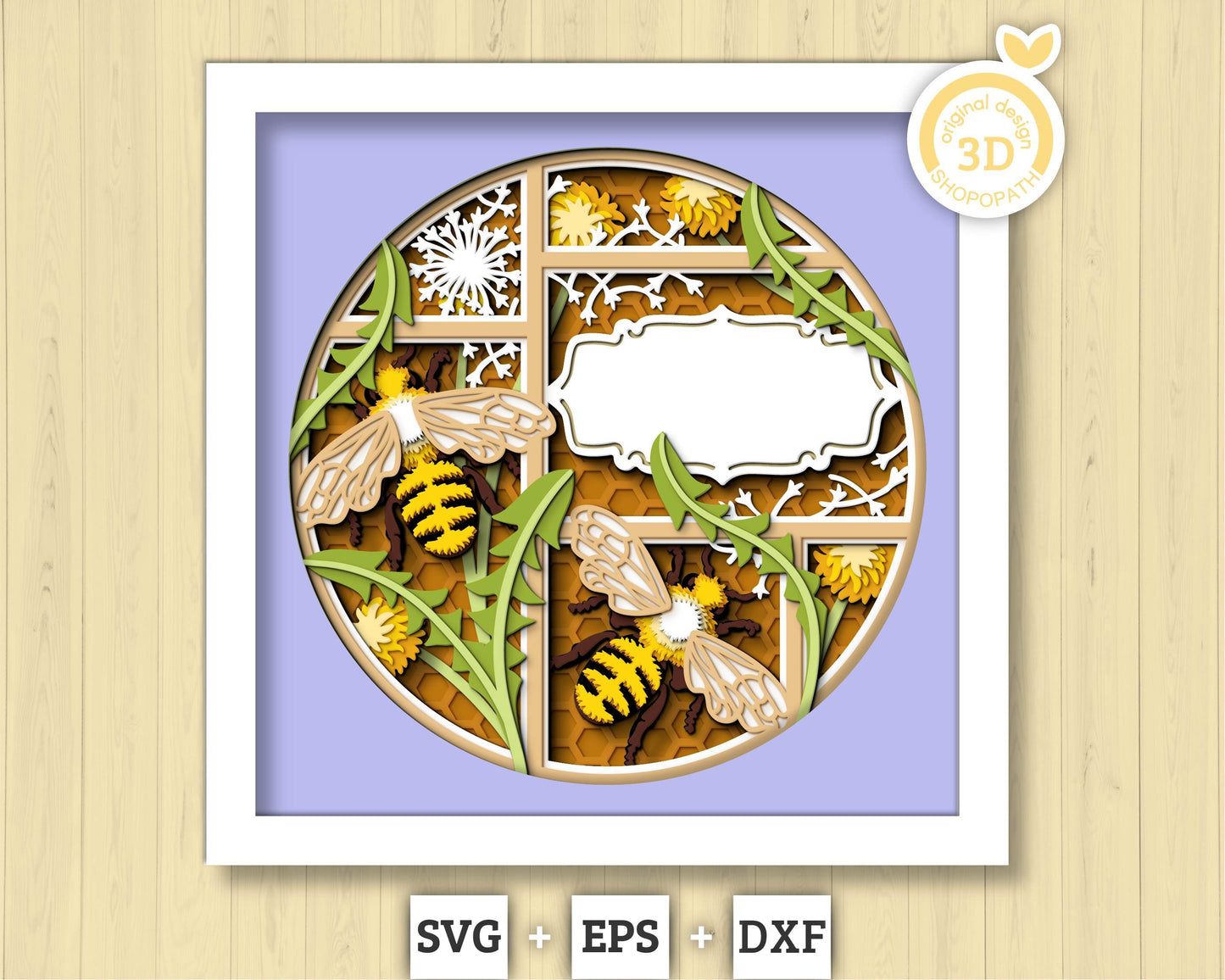 Bees and Dandelions with Label - 3D Shadow Box Layered SVG DXF EPS (Cutting Files)