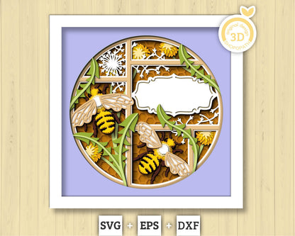 Bees and Dandelions with Label - 3D Shadow Box Layered SVG DXF EPS (Cutting Files)