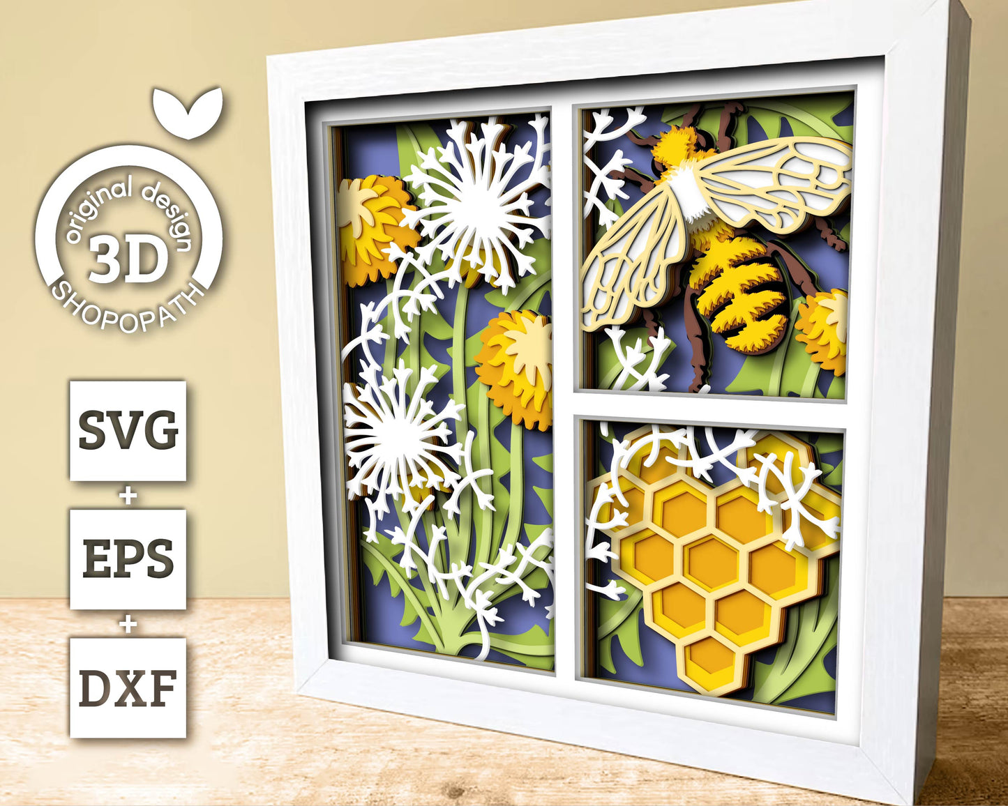 Bee with Honeycomb Panels - 3D Shadow Box Layered SVG DXF EPS (Cutting Files)