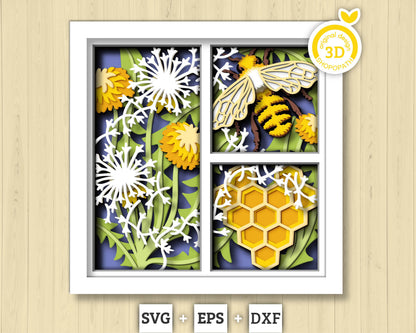 Bee with Honeycomb Panels - 3D Shadow Box Layered SVG DXF EPS (Cutting Files)