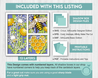 Bee with Honeycomb Panels - 3D Shadow Box Layered SVG DXF EPS (Cutting Files)