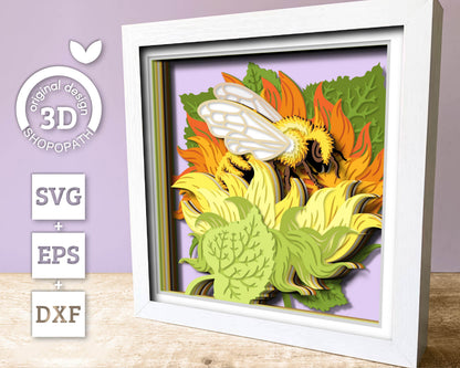 Bee in Sunflower Flower - 3D Shadow Box Layered SVG DXF EPS (Cutting Files)