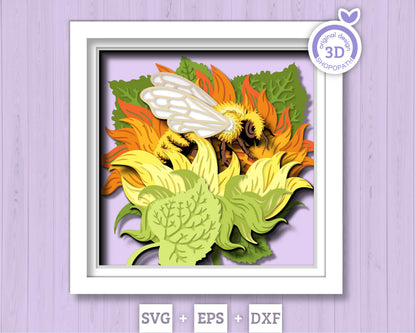 Bee in Sunflower Flower - 3D Shadow Box Layered SVG DXF EPS (Cutting Files)