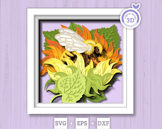 Bee in Sunflower Flower - 3D Shadow Box Layered SVG DXF EPS (Cutting Files)