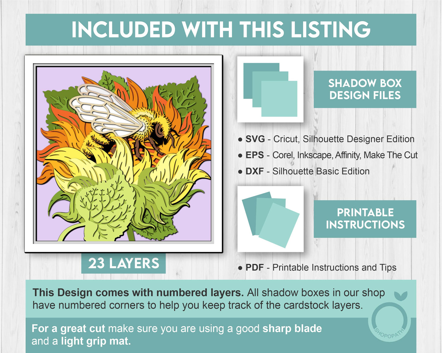 Bee in Sunflower Flower - 3D Shadow Box Layered SVG DXF EPS (Cutting Files)