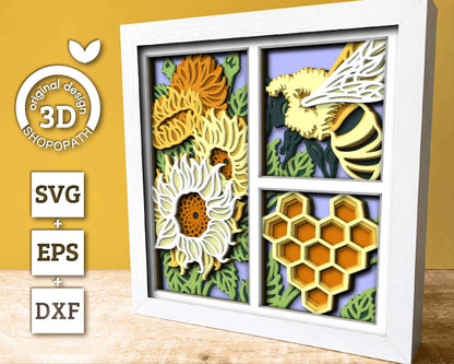 3D Layered Sunflowers SVG EPS, Fall Shadow Box, Honey Bee 3D Svg, Harvest Sunflower 3d Svg, Hello Fall Papercut svg, Cricut Silhouette