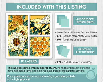 3D Layered Sunflowers SVG EPS, Fall Shadow Box, Honey Bee 3D Svg, Harvest Sunflower 3d Svg, Hello Fall Papercut svg, Cricut Silhouette