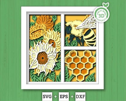 3D Layered Sunflowers SVG EPS, Fall Shadow Box, Honey Bee 3D Svg, Harvest Sunflower 3d Svg, Hello Fall Papercut svg, Cricut Silhouette