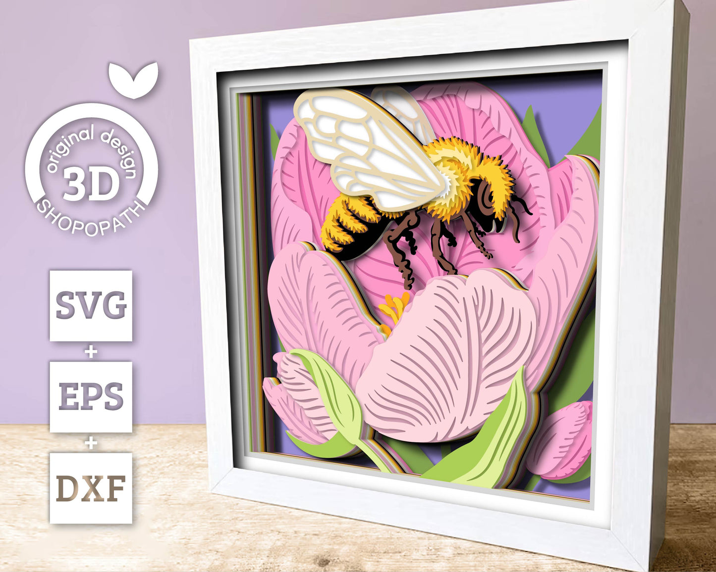 Bee in Tulip Flower - 3D Shadow Box Layered SVG DXF EPS (Cutting Files)
