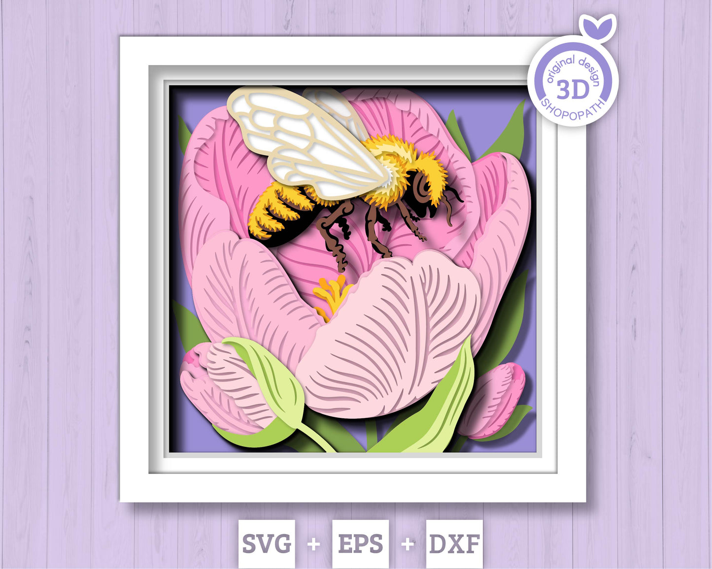 Bee in Tulip Flower - 3D Shadow Box Layered SVG DXF EPS (Cutting Files)