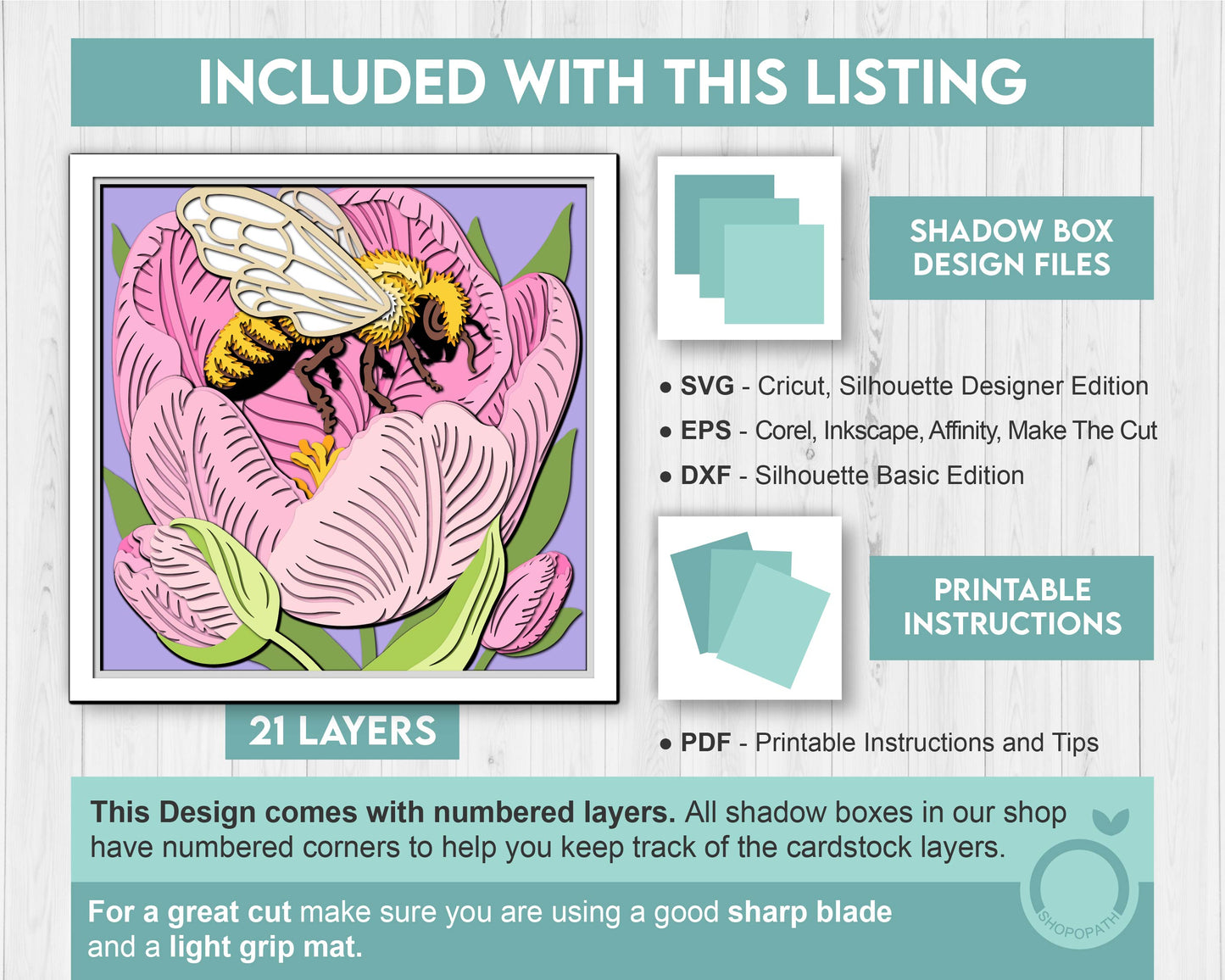 Bee in Tulip Flower - 3D Shadow Box Layered SVG DXF EPS (Cutting Files)