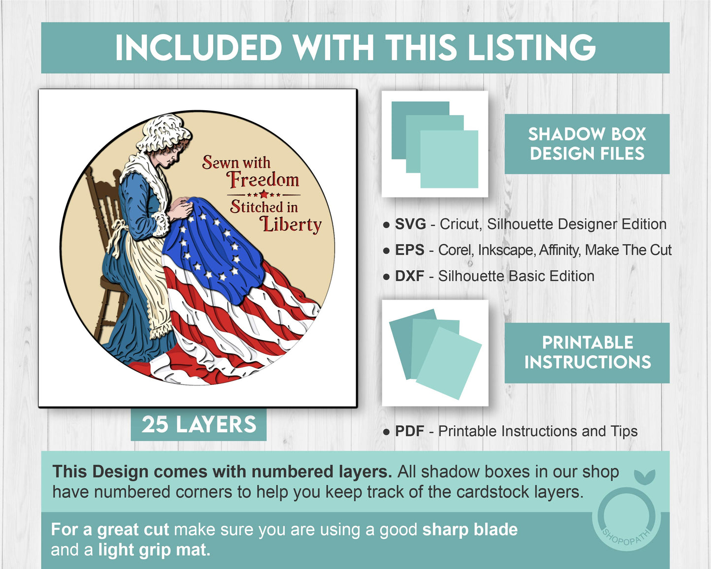 Betsy Ross Sewing United States Flag Round - 3D Shadow Box Layered SVG DXF EPS (Cutting Files)