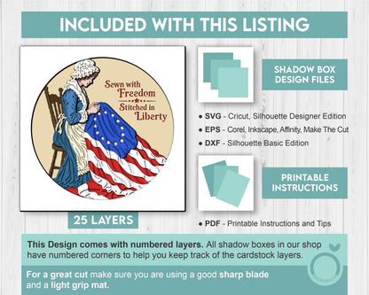 Betsy Ross Sewing United States Flag Round - 3D Shadow Box Layered SVG DXF EPS (Cutting Files)