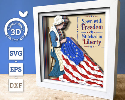 Betsy Ross Sewing United States Flag Square - 3D Shadow Box Layered SVG DXF EPS (Cutting Files)