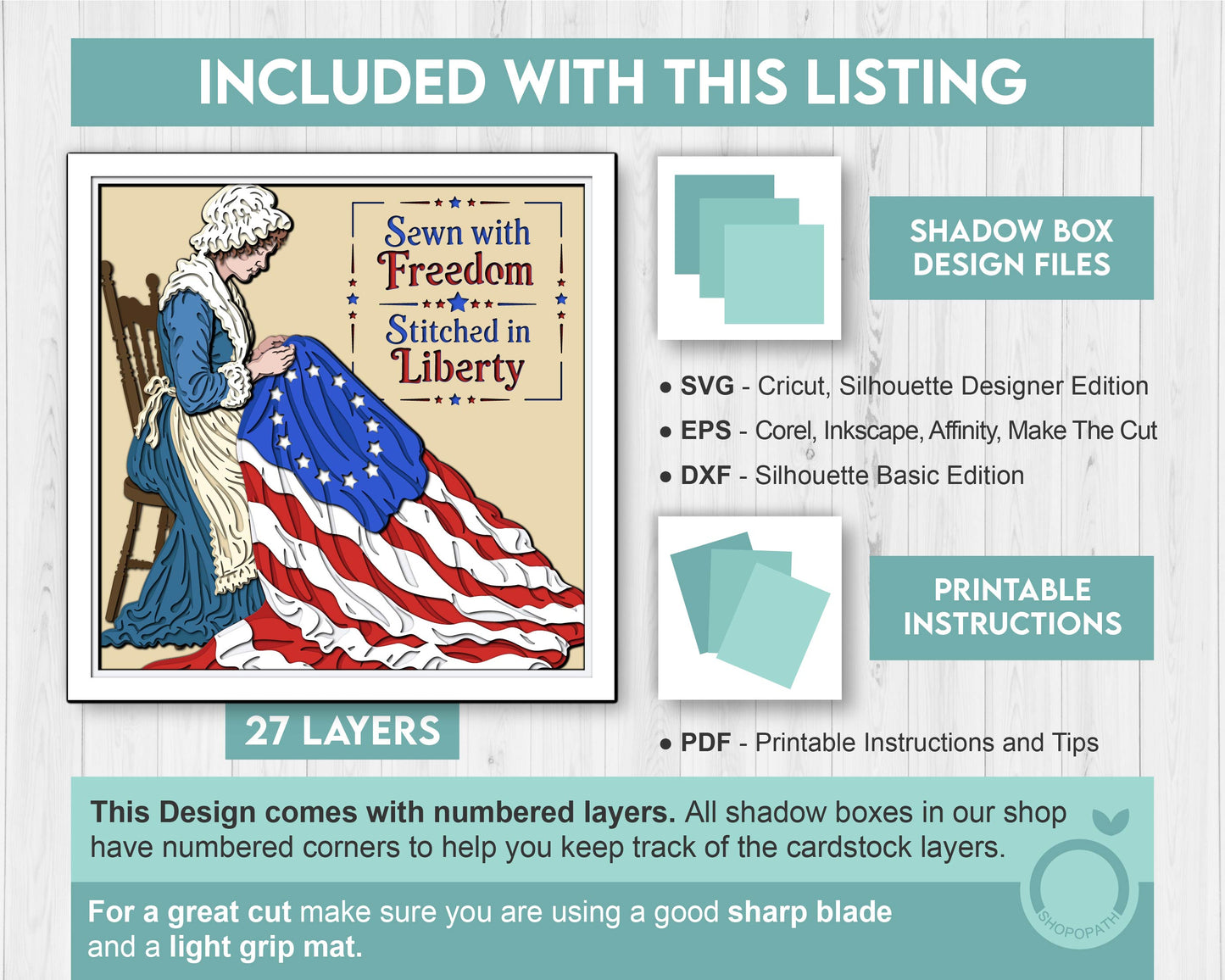 Betsy Ross Sewing United States Flag Square - 3D Shadow Box Layered SVG DXF EPS (Cutting Files)