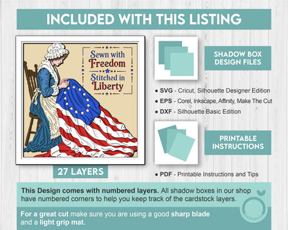 Betsy Ross Sewing United States Flag Square - 3D Shadow Box Layered SVG DXF EPS (Cutting Files)