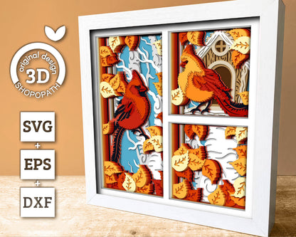 3D SVG Cardinal With Birdhouse And Birch Tree Shadow Box, 3D Cardinal Shadow Box, Birdhouse 3D Svg, Autumn 3D SVG, Cricut Silhouette