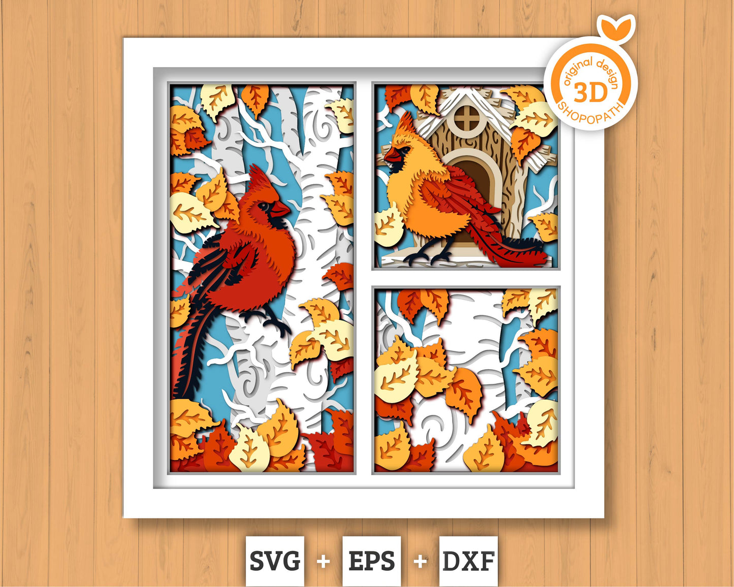 3D SVG Cardinal With Birdhouse And Birch Tree Shadow Box, 3D Cardinal Shadow Box, Birdhouse 3D Svg, Autumn 3D SVG, Cricut Silhouette