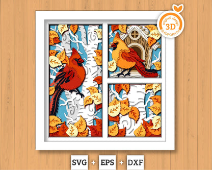 3D SVG Cardinal With Birdhouse And Birch Tree Shadow Box, 3D Cardinal Shadow Box, Birdhouse 3D Svg, Autumn 3D SVG, Cricut Silhouette