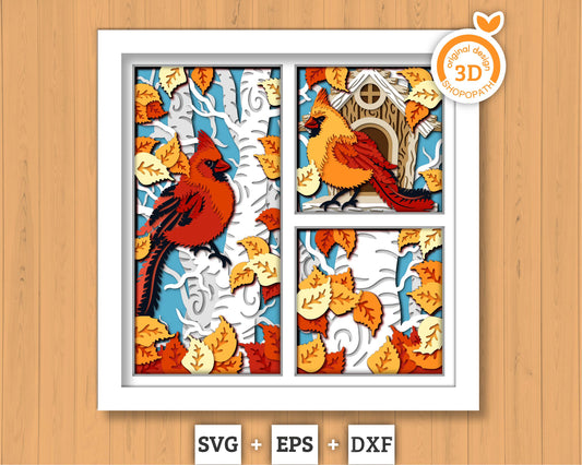 3D SVG Cardinal With Birdhouse And Birch Tree Shadow Box, 3D Cardinal Shadow Box, Birdhouse 3D Svg, Autumn 3D SVG, Cricut Silhouette