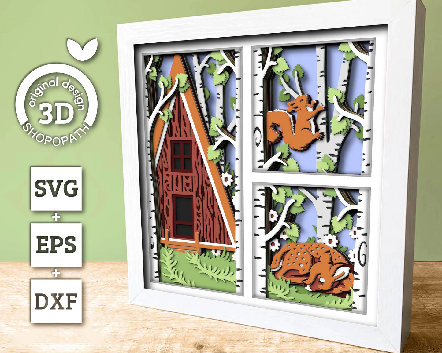 3D SVG Spring Cabin Shadow Box, Birch Tree SVG, Deer 3D Svg, Squirrel SVG, Forest Layered Papercut svg, 3d Flowers 3d, Cricut Silhouette