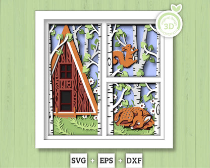 3D SVG Spring Cabin Shadow Box, Birch Tree SVG, Deer 3D Svg, Squirrel SVG, Forest Layered Papercut svg, 3d Flowers 3d, Cricut Silhouette