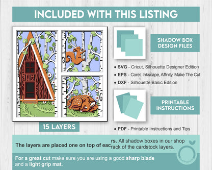 3D SVG Spring Cabin Shadow Box, Birch Tree SVG, Deer 3D Svg, Squirrel SVG, Forest Layered Papercut svg, 3d Flowers 3d, Cricut Silhouette