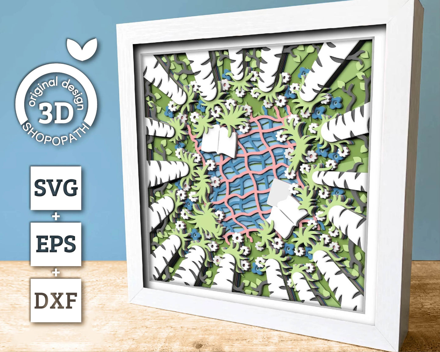 3D SVG Spring Shadow Box, Birch Tree Shadow Box, Book 3D Svg Reading SVG Forest Layered Papercut svg 3d Flowers 3d Florals Cricut Silhouette