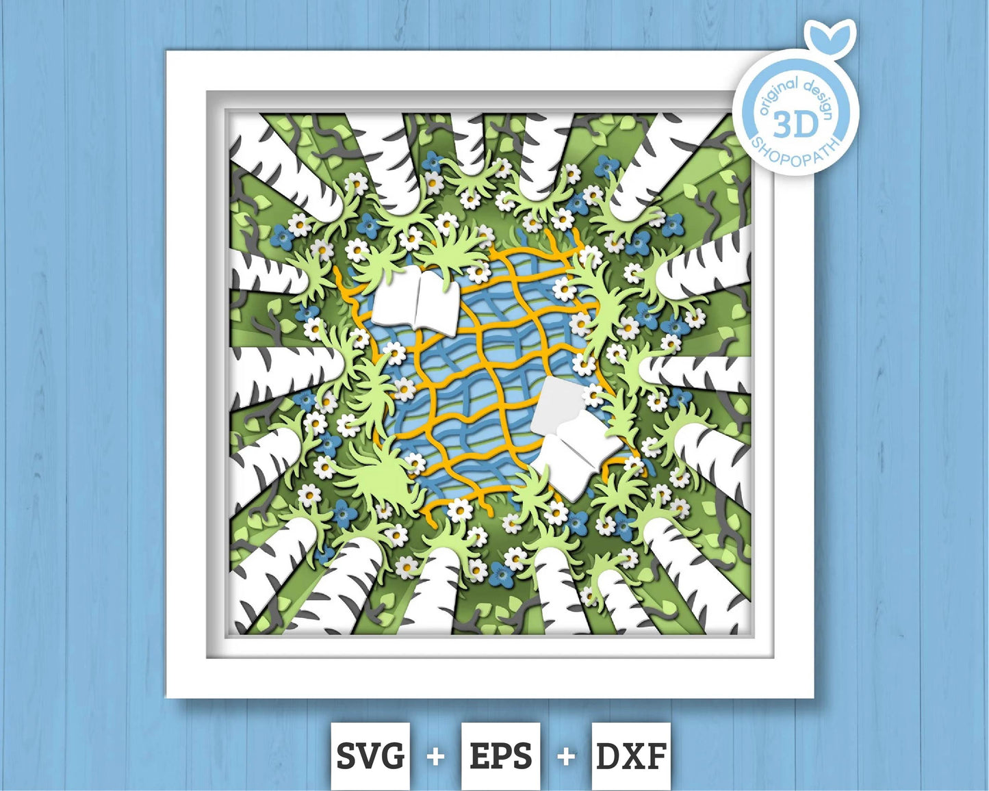 3D SVG Spring Shadow Box, Birch Tree Shadow Box, Book 3D Svg Reading SVG Forest Layered Papercut svg 3d Flowers 3d Florals Cricut Silhouette