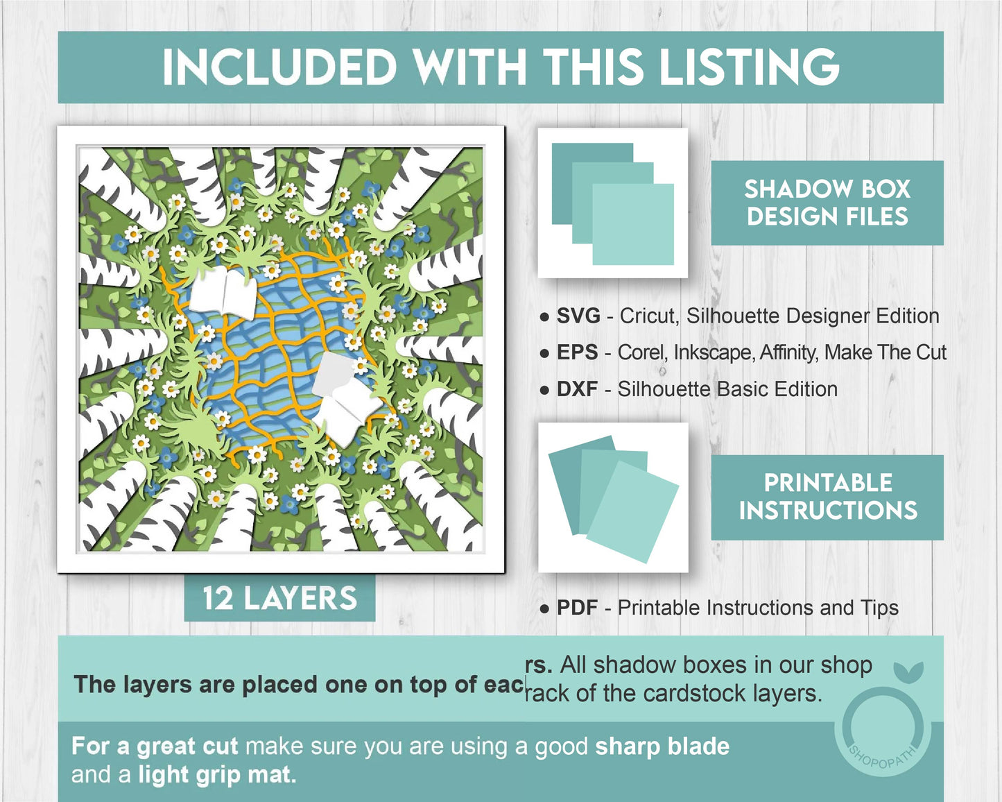 3D SVG Spring Shadow Box, Birch Tree Shadow Box, Book 3D Svg Reading SVG Forest Layered Papercut svg 3d Flowers 3d Florals Cricut Silhouette