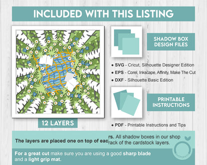 3D SVG Spring Shadow Box, Birch Tree Shadow Box, Book 3D Svg Reading SVG Forest Layered Papercut svg 3d Flowers 3d Florals Cricut Silhouette