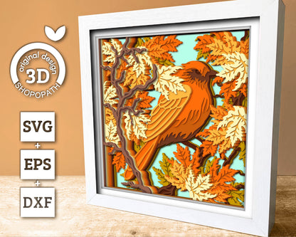 3D SVG Finch In Maple Tree Shadow Box, Fall 3D SVG, Maple Leaf Fall 3D svg, Bird 3D Svg, Autumn 3D Svg, Maple 3d svg, Cricut Silhouette
