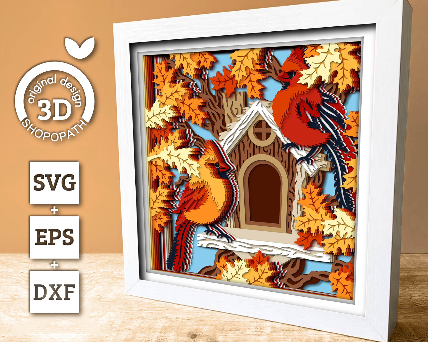 3D SVG Cardinal Couple On Birdhouse Shadow Box, 3D SVG Cardinal, Birdhouse 3D Svg, Autumn SVG, Cardinal Shadow Box Cricut Silhouette